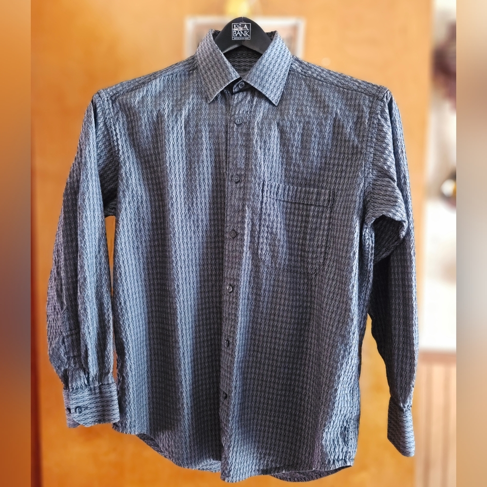 Johnson and Murphy Black and Silver Diamond Stripe Sport Shirt-Size Medium